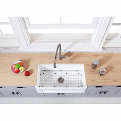 Kingston Brass 33 In Farmhouse Kitchen Sink With Strainer And Grid, Matte White/Brushed, KGKFA331810SQ