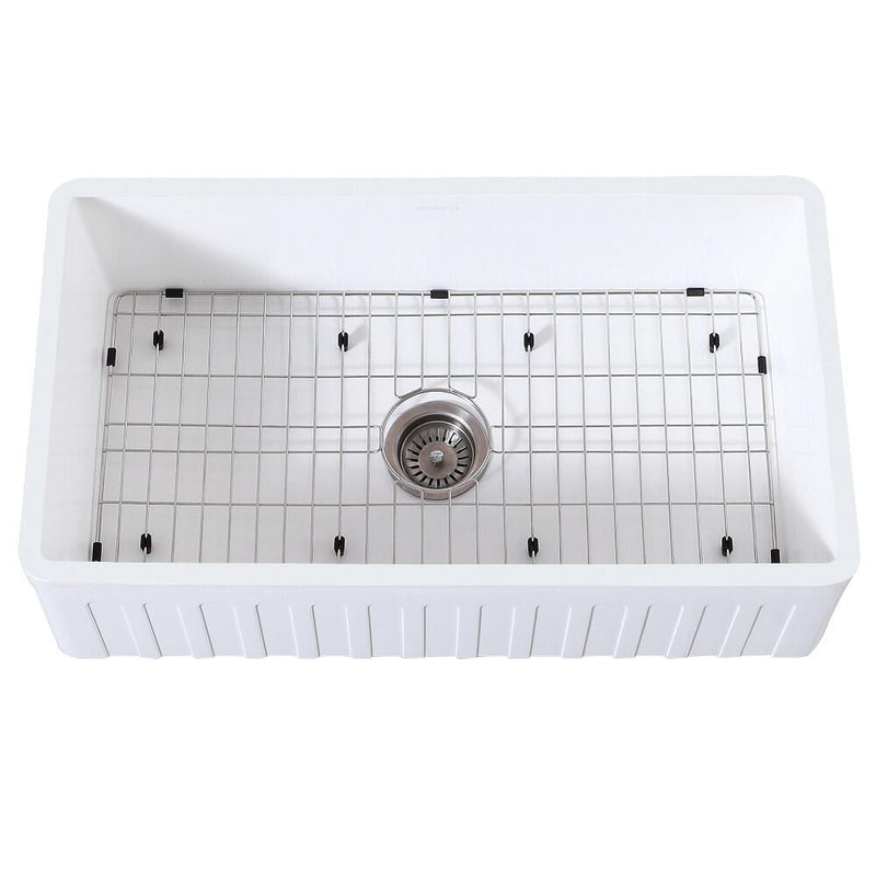 Kingston Brass 36 In. Farmhouse Kitchen Sink With Strainer And Grid, Matte White/Brushed, KGKFA361810CD