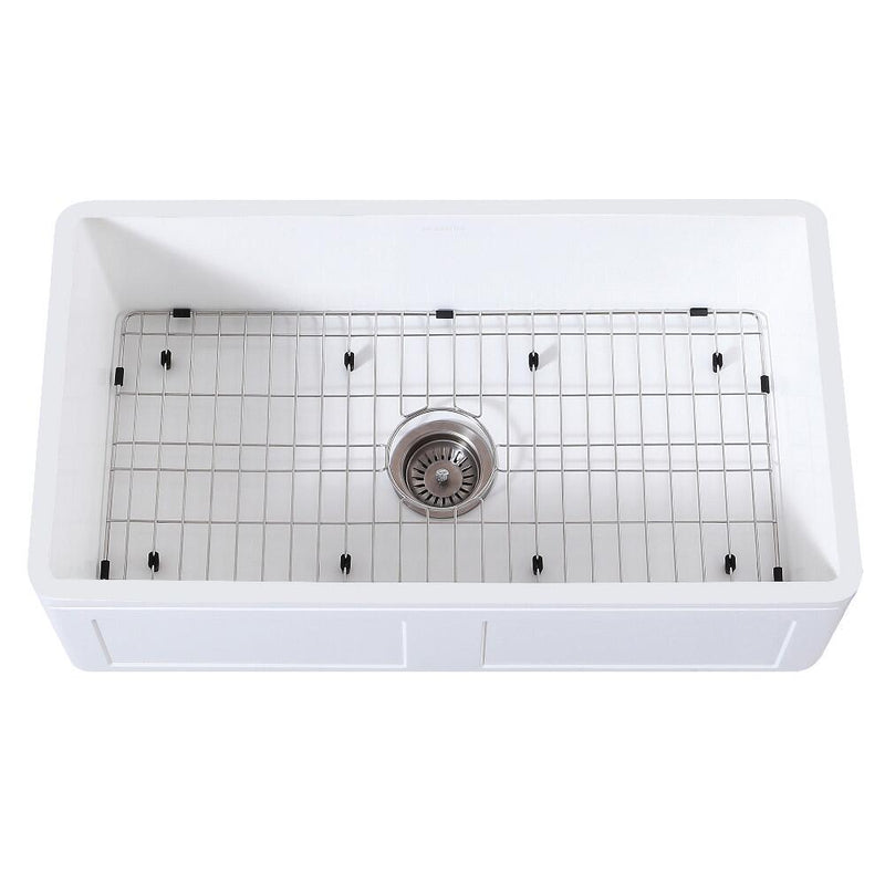 Kingston Brass 36 In. Farmhouse Kitchen Sink With Strainer And Grid, Matte White/Brushed, KGKFA361810DS