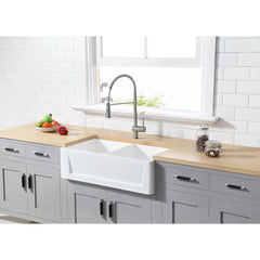 Kingston Brass 36 In. Double Bowl Farmhouse Kitchen Sink, Matte White, GKFA331810SQD