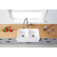 Kingston Brass 36 In. Double Bowl Farmhouse Kitchen Sink, Matte White, GKFA331810SQD