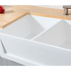 Kingston Brass 36 In. Double Bowl Farmhouse Kitchen Sink, Matte White, GKFA331810SQD