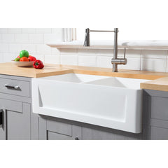 Kingston Brass 36 In. Double Bowl Farmhouse Kitchen Sink, Matte White, GKFA331810SQD