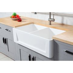 Kingston Brass 36 In. Double Bowl Farmhouse Kitchen Sink, Matte White, GKFA331810SQD