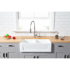 Kingston Brass 36 In. Double Bowl Farmhouse Kitchen Sink, Matte White, GKFA331810SQD