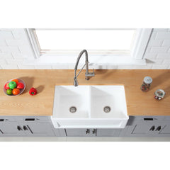 Kingston Brass 36 In. Double Bowl Farmhouse Kitchen Sink, Matte White, GKFA361810SQD