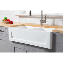 Kingston Brass 36 In. Double Bowl Farmhouse Kitchen Sink, Matte White, GKFA361810SQD