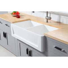 Kingston Brass 36 In. Double Bowl Farmhouse Kitchen Sink, Matte White, GKFA361810SQD