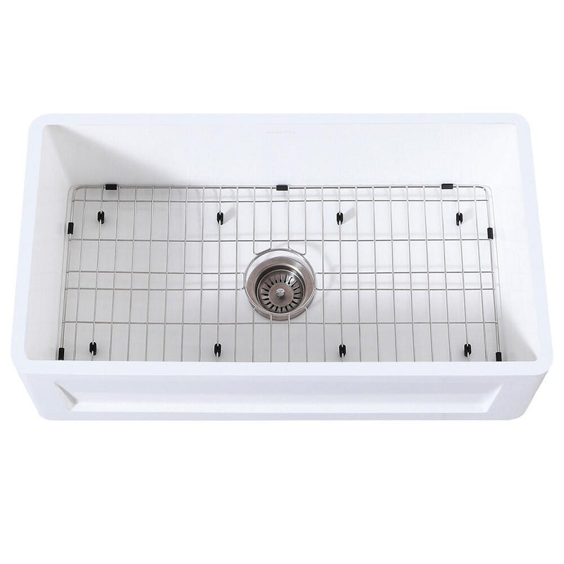 Kingston Brass 36 In Farmhouse Kitchen Sink With Strainer And Grid, Matte White/Brushed, KGKFA361810SQ