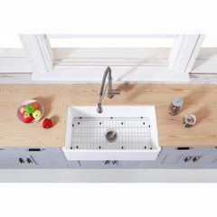 Kingston Brass 36 In. Farmhouse Kitchen Sink With Strainer And Grid, Matte White, KGKFA361810BC