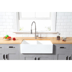 Kingston Brass 33 In. Double Bowl Farmhouse Kitchen Sink, Matte White, GKFA331810BCD