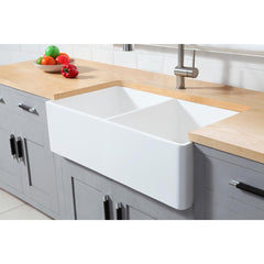 Kingston Brass 33 In. Double Bowl Farmhouse Kitchen Sink, Matte White, GKFA331810BCD