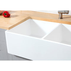 Kingston Brass 33 In. Double Bowl Farmhouse Kitchen Sink, Matte White, GKFA331810BCD