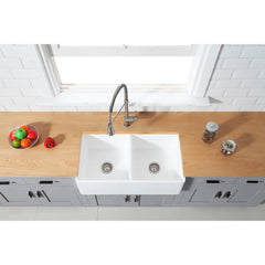 Kingston Brass 33 In. Double Bowl Farmhouse Kitchen Sink, Matte White, GKFA331810BCD