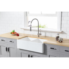 Kingston Brass 36 In. Double Bowl Farmhouse Kitchen Sink, Matte White, GKFA361810BCD