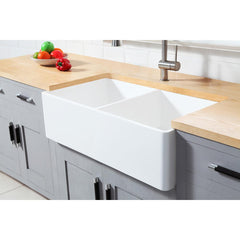 Kingston Brass 36 In. Double Bowl Farmhouse Kitchen Sink, Matte White, GKFA361810BCD