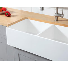 Kingston Brass 36 In. Double Bowl Farmhouse Kitchen Sink, Matte White, GKFA361810BCD