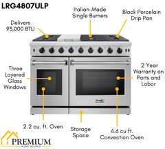 Thor Kitchen Package - 48 in. Propane Gas Range, Range Hood, Dishwasher, Refrigerator with Water and Ice Dispenser, AP-LRG4807ULP-10