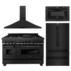 ZLINE Appliance Bundle - 48 in. Dual Fuel Range, Range Hood, Microwave Drawer, Refrigerator in Black Stainless, Bundle-4KPR-RABRH48-MW