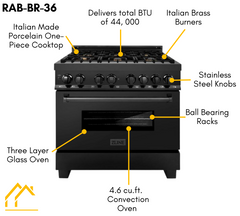 ZLINE 36 in. Kitchen Package with Black Stainless Steel Dual Fuel Range, Convertible Vent Range Hood and Microwave Drawer, 3KP-RABRH36-MW