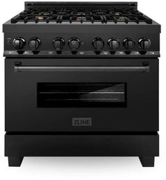 ZLINE 36 in. Kitchen Package with Black Stainless Steel Dual Fuel Range, Convertible Vent Range Hood and Microwave Drawer, 3KP-RABRH36-MW