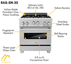 ZLINE 30 in. Kitchen Package with DuraSnow® Stainless Dual Fuel Range, Ducted Vent Range Hood and Tall Tub Dishwasher, 3KP-RASRH30-DWV