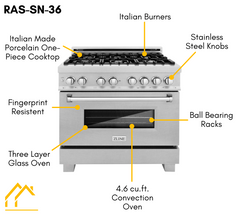 ZLINE 36 in. Kitchen Package with DuraSnow® Stainless Dual Fuel Range, Ducted Vent Range Hood and Dishwasher, 3KP-RASRH36-DW