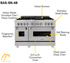 ZLINE 48 in. Kitchen Package with DuraSnow® Stainless Dual Fuel Range, Ducted Vent Range Hood and Tall Tub Dishwasher, 3KP-RASRH48-DWV