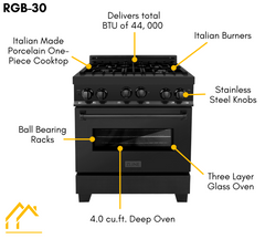 ZLINE Appliance Package - 30 in. Gas Range, Range Hood, and Microwave Oven in Black Stainless Steel, 3KP-RBGRH30-MO