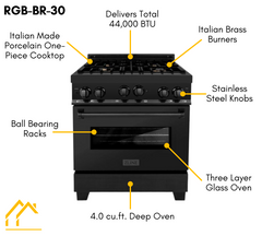 ZLINE 30 in. Kitchen Package with Black Stainless Steel Gas Range, Convertible Vent Range Hood and Microwave Drawer, 3KP-RGBRH30-MW