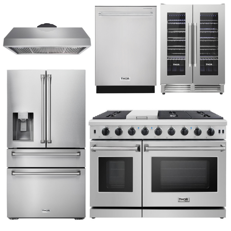 Thor Appliance Package - 48 In. Gas Range, Range Hood, Refrigerator with Water and Ice Dispenser, Dishwasher & Wine Cooler, AP-LRG4807U-11