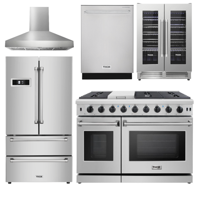 Thor Appliance Appliance Set - 48 In. Gas Range, Range Hood, Refrigerator, Dishwasher, Wine Cooler, AS-LRG4807U-W-3