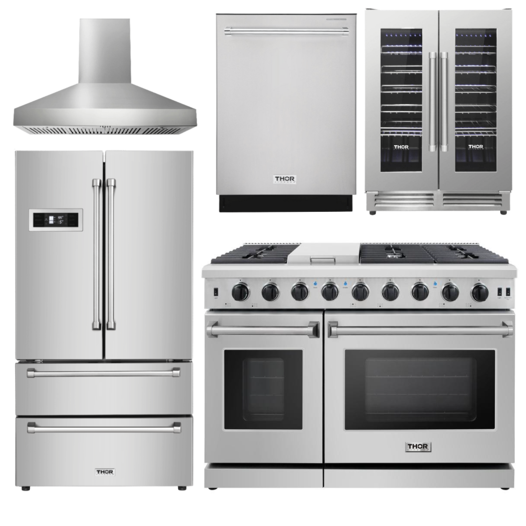 Thor Appliance Package - 48 In. Propane Gas Range, Range Hood, Refrigerator, Dishwasher, Wine Cooler, AP-LRG4807ULP-W-3