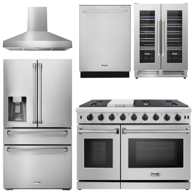 Thor Appliance Bundle - 48 In. Propane Gas Range, Range Hood, Refrigerator with Water and Ice Dispenser, Dishwasher, Wine Cooler, AB-LRG4807ULP-W-8