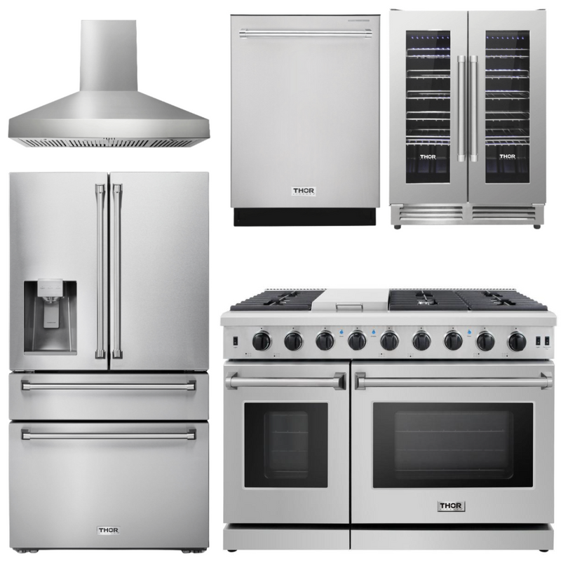 Thor Appliance Package - 48 In. Propane Gas Range, Range Hood, Refrigerator with Water and Ice Dispenser, Dishwasher, Wine Cooler, AP-LRG4807ULP-W-8