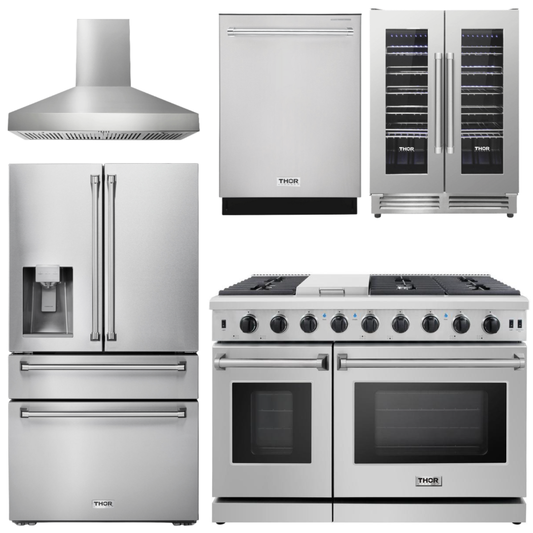 Thor Appliance Bundle - 48 In. Gas Range, Range Hood, Refrigerator with Water and Ice Dispenser, Dishwasher, Wine Cooler, AB-LRG4807U-W-8