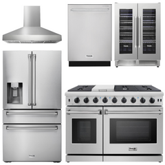 Thor Appliance Bundle - 48 In. Gas Range, Range Hood, Refrigerator with Water and Ice Dispenser, Dishwasher, Wine Cooler, AB-LRG4807U-W-8