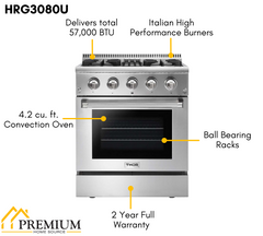 Thor Kitchen Package - 30 In. Gas Range, Refrigerator with Water and Ice Dispenser, Dishwasher, AP-HRG3080U-9