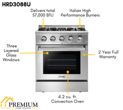 Thor Kitchen Appliance Package - 30 In. Gas Burner/Electric Oven Range, Refrigerator with Water and Ice Dispenser, Dishwasher, AP-HRD3088U-9