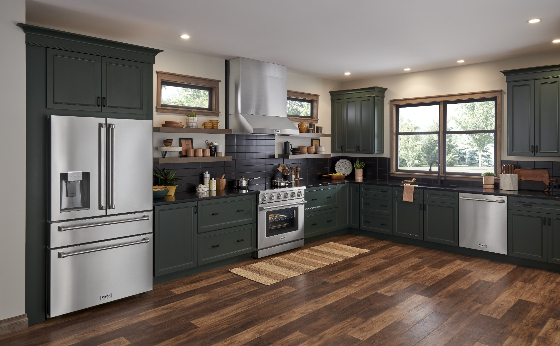 Thor Kitchen Package - 36 in. Natural Gas Range, Microwave Drawer, Refrigerator with Water and Ice Dispenser, Dishwasher, AP-LRG3601U-12