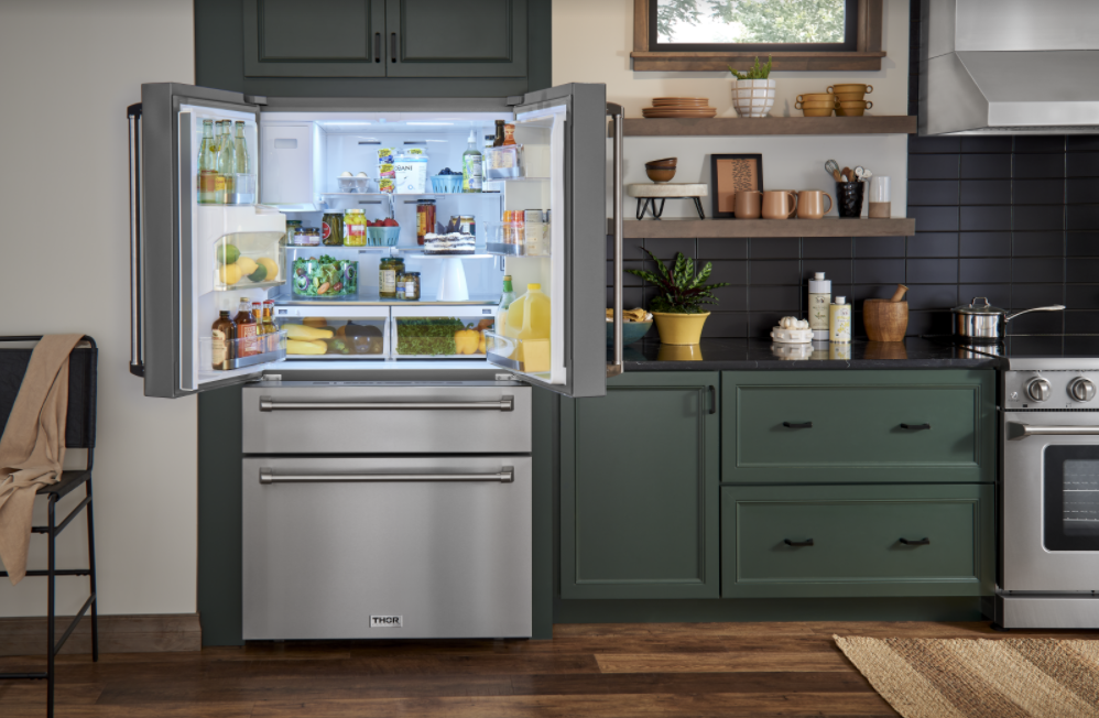 Thor Kitchen Package - 36 Inch Propane Gas Range, Range Hood, Refrigerator with Water and Ice Dispenser, Dishwasher, AP-LRG3601ULP-W-7