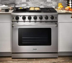 Thor Kitchen Package - 36 in. Propane Gas Range, Range Hood, Refrigerator with Water and Ice Dispenser, Dishwasher, AP-LRG3601ULP-10