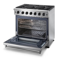 Thor Kitchen Package - 36 In. Propane Gas Range, Range Hood, Microwave Drawer, Refrigerator, Dishwasher, AP-LRG3601ULP-W-5