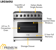 Thor Kitchen Package - 36 Inch Gas Range, Range Hood, Microwave Drawer, Refrigerator with Water and Ice Dispenser, Dishwasher, AP-LRG3601U-W-9