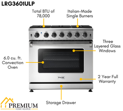 Thor Kitchen Package - 36 in. Propane Gas Range, Range Hood, Refrigerator, Dishwasher, Wine Cooler, AP-LRG3601ULP-TRH-3