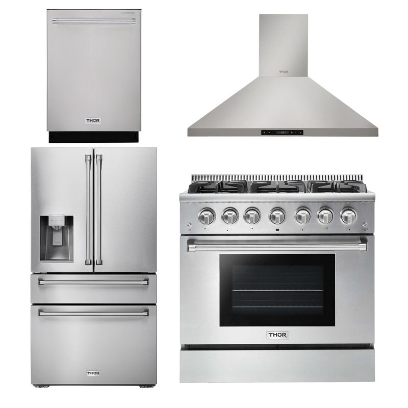 Thor Kitchen Package - 36 In. Propane Gas Range, Range Hood, Refrigerator with Water and Ice Dispenser, Dishwasher, AP-HRG3618ULP-10