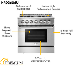 Thor Kitchen Appliance Package - 36 In. Gas Burner/Electric Oven Range, Dishwasher, Refrigerator with Water and Ice Dispenser, AP-HRD3606U-9