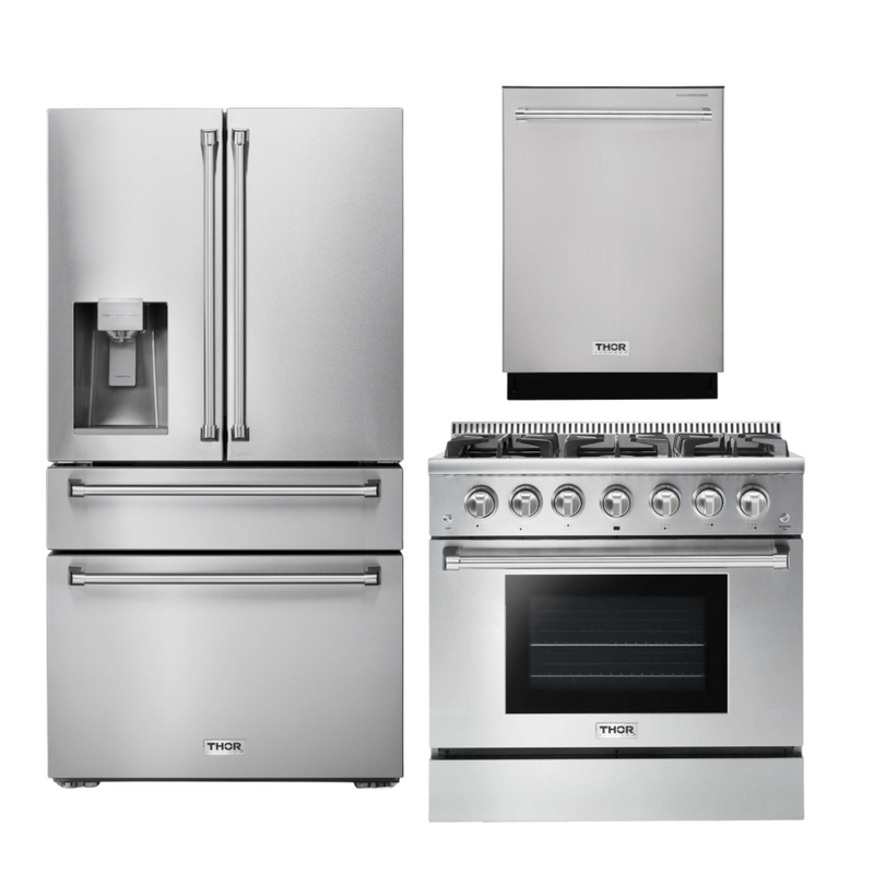 Thor Kitchen Package - 36 In. Propane Gas Range, Refrigerator with Water and Ice Dispenser, Dishwasher, AP-HRG3618ULP-9