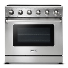 Thor Kitchen Package - 36 In. Electric Range, Range Hood, Microwave Drawer, Refrigerator with Water and Ice Dispenser, Dishwasher, Wine Cooler, AP-HRE3601-W-10