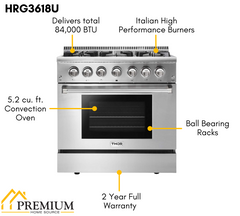 Thor Kitchen Package - 36 in. Natural Gas Range, Microwave Drawer, Refrigerator with Water and Ice Dispenser, Dishwasher, AP-HRG3618U-12